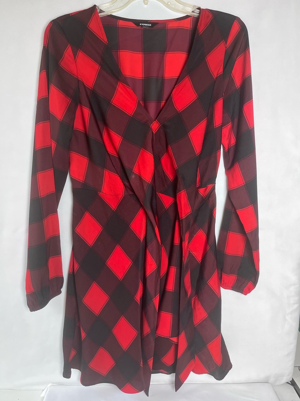 Express Red Black Buffalo Plaid Faux Wrap Mini Dress Size Small